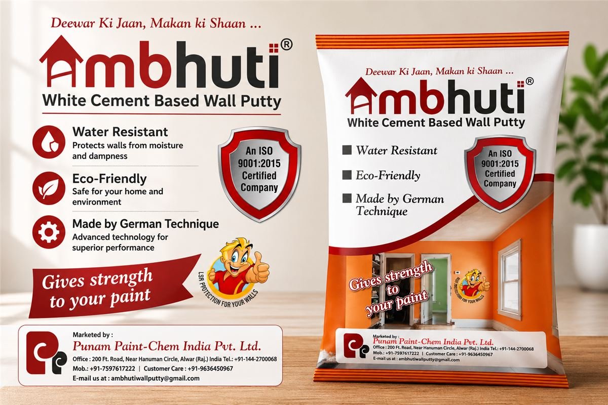 Ambhuti Wall Putty — white cement-based product for smooth interior and exterior walls